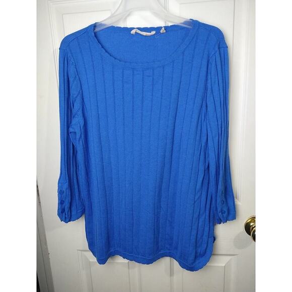 Soft Surroundings Woman L Sweater Blue Pullover Button Sleeve Scalloped Trim... - Picture 1 of 10